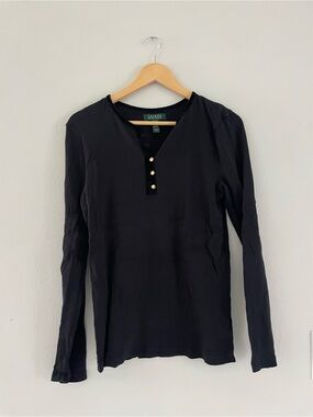 Lauren Ralph Lauren Black Ribbed Long Sleeve Henley Top